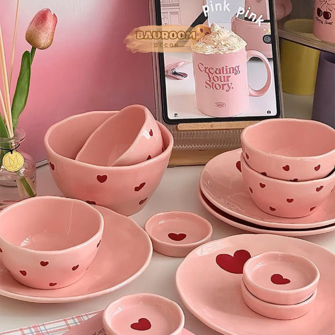 Chén dĩa sứ cao cấp decor dễ thương họa tiết trái tim men hồng pastel