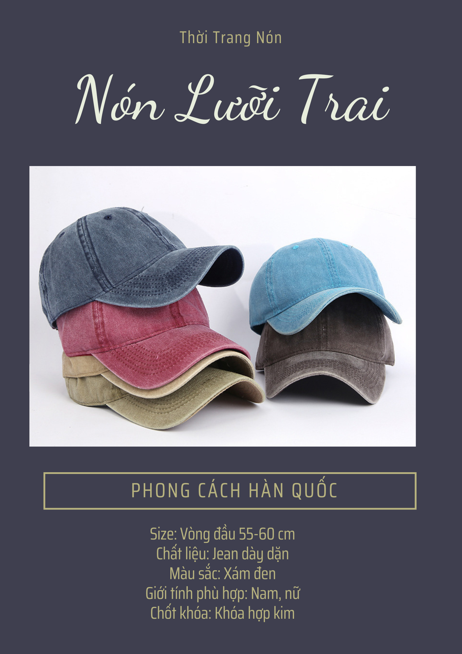 Nón kết, Mũ lưỡi trai Jeans trơn Classic cho Nam/Nữ
