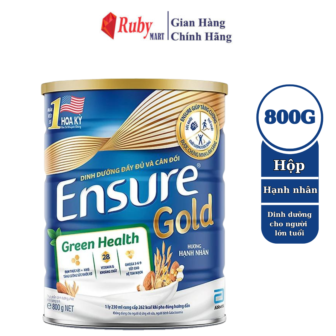 [Date T5/25] Sữa bột Ensure Gold Green Health Đạm thực vật hương Hạnh nhân 800g