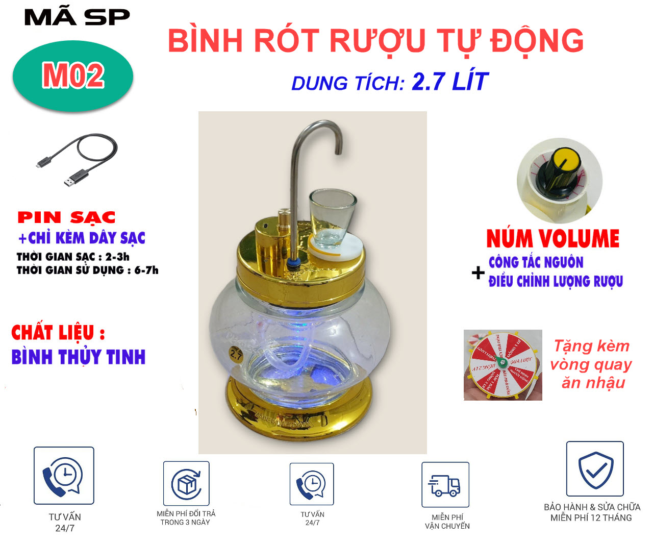 Bình rót rươu tự động bơm hút 2.7lit Đặt ly tự rót vòi inox