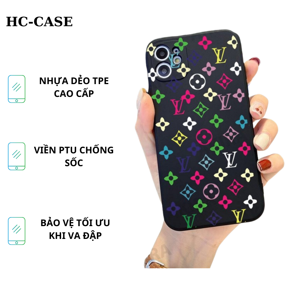 Ốp điện thoại iPhone cạnh vuông viền PTU LV mềm dẻo bảo vệ camera cho điện thoại không bám vân tay chống sốc hiệu quả LV