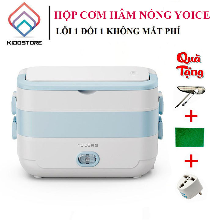 Hộp cơm giữ nhiệt, hộp cơm hâm nóng,  hộp cơm cắm điện đun nấu đa năng Yoice YOICE VUÔNG Y-FH5A nhỏ gọn tiện tích, có 3 tầng, khay đựng bằng inox 304 chống rỉ chống mùi tốt [ TẶNG KÈM BỘ ĐŨA THÌA - BH 12 THÁNG ]