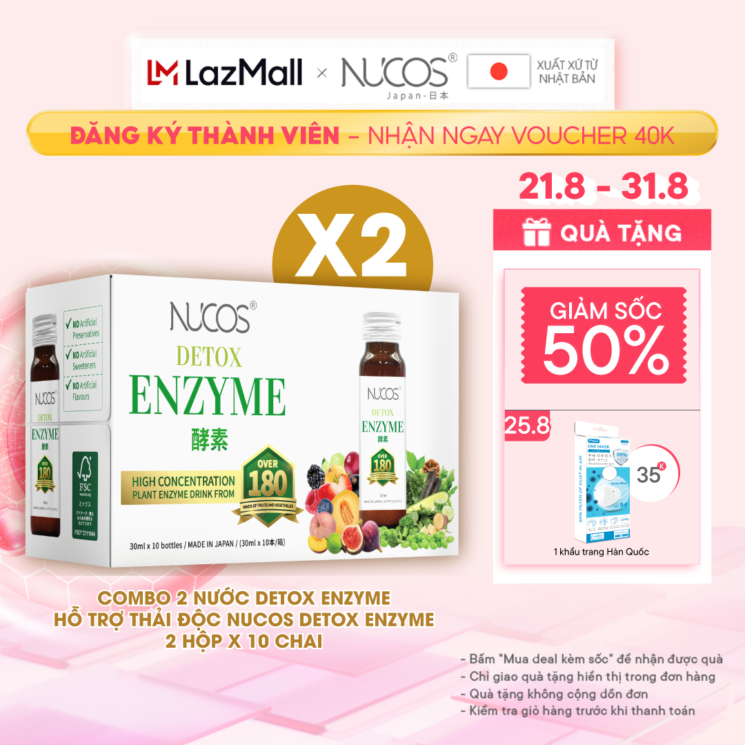 Combo 2 hộp Nước detox enzyme hỗ trợ thải độc Nucos Detox Enzyme hộp 10 chai x 30ml