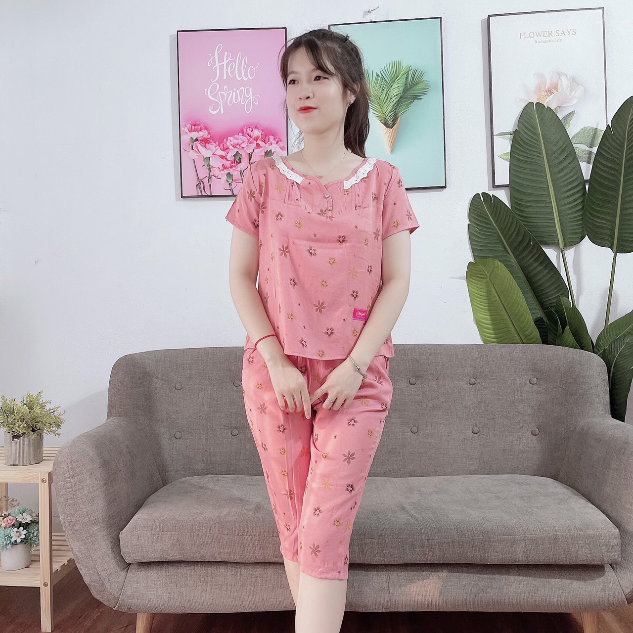 Đồ bộ mặc nhà quần lửng chất đũi lạnh loại 1