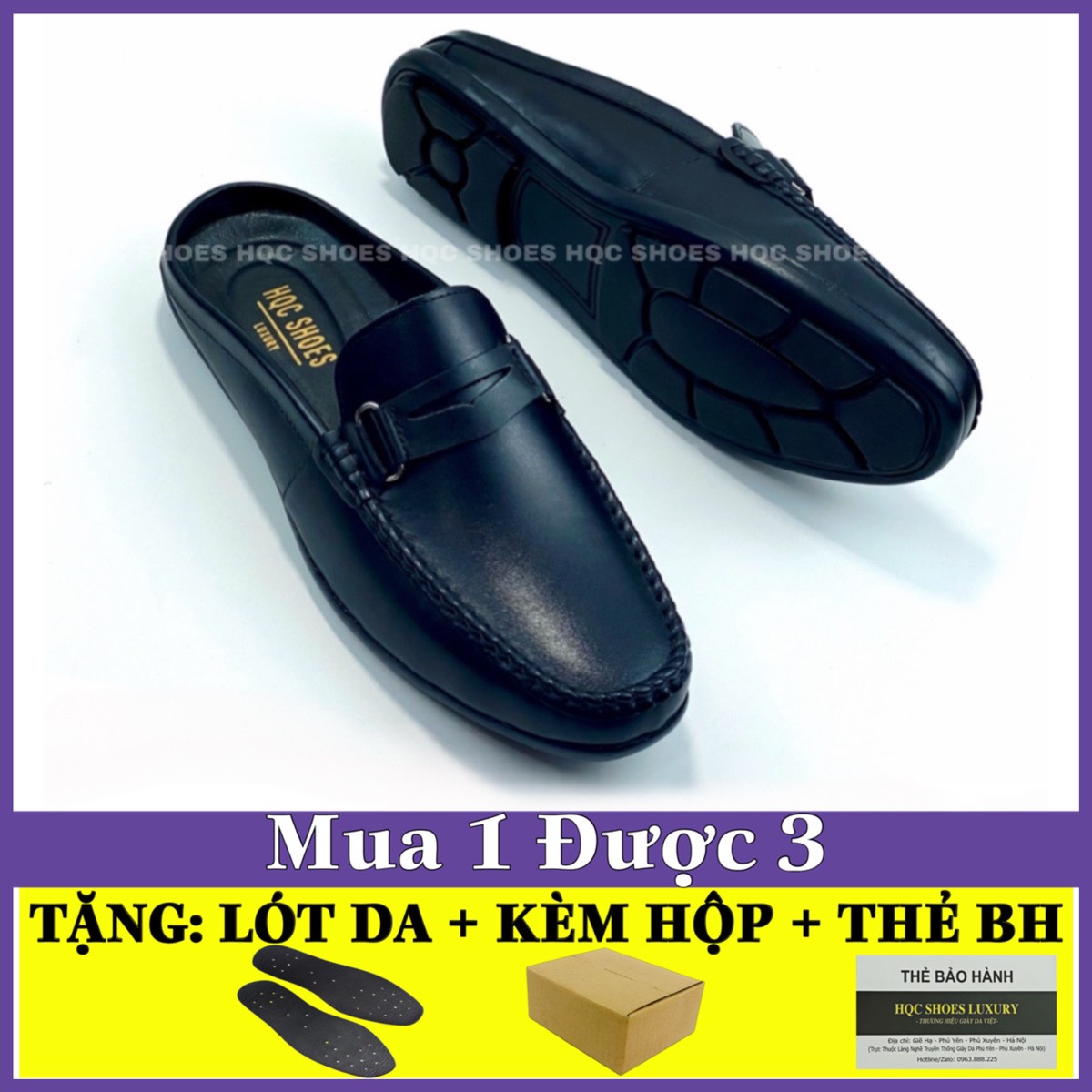 Giày sục nam HQC SHOES da bò đế cao su khâu chắc chắn bảo hành 12 tháng HQ003