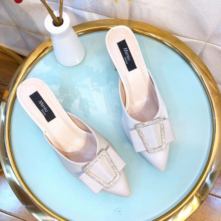 Giày Sục Nữ, Giày Cao Gót Nữ Đế Vuông Thời Trang, Mũi Nhọn Hở Gót Da Bóng, Gót Cao 5P