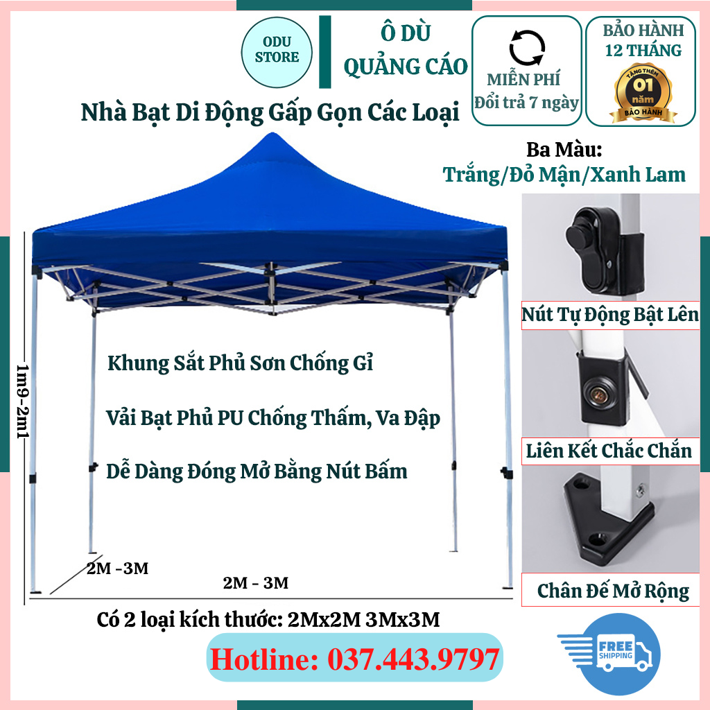 Nhà bạt di động mái che cao cấp khung sắt không gỉ sơn tĩnh điện che nắng ngoài trời các loại 2mx2m, 3mx3m bảo hành 2 năm