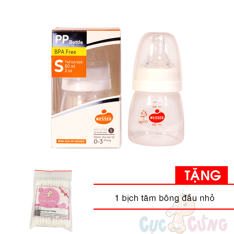 Bình sữa Wesser Nano Silver cổ thường 60ml Tặng 1 gói tăm bông đầu nhỏ - binh sua