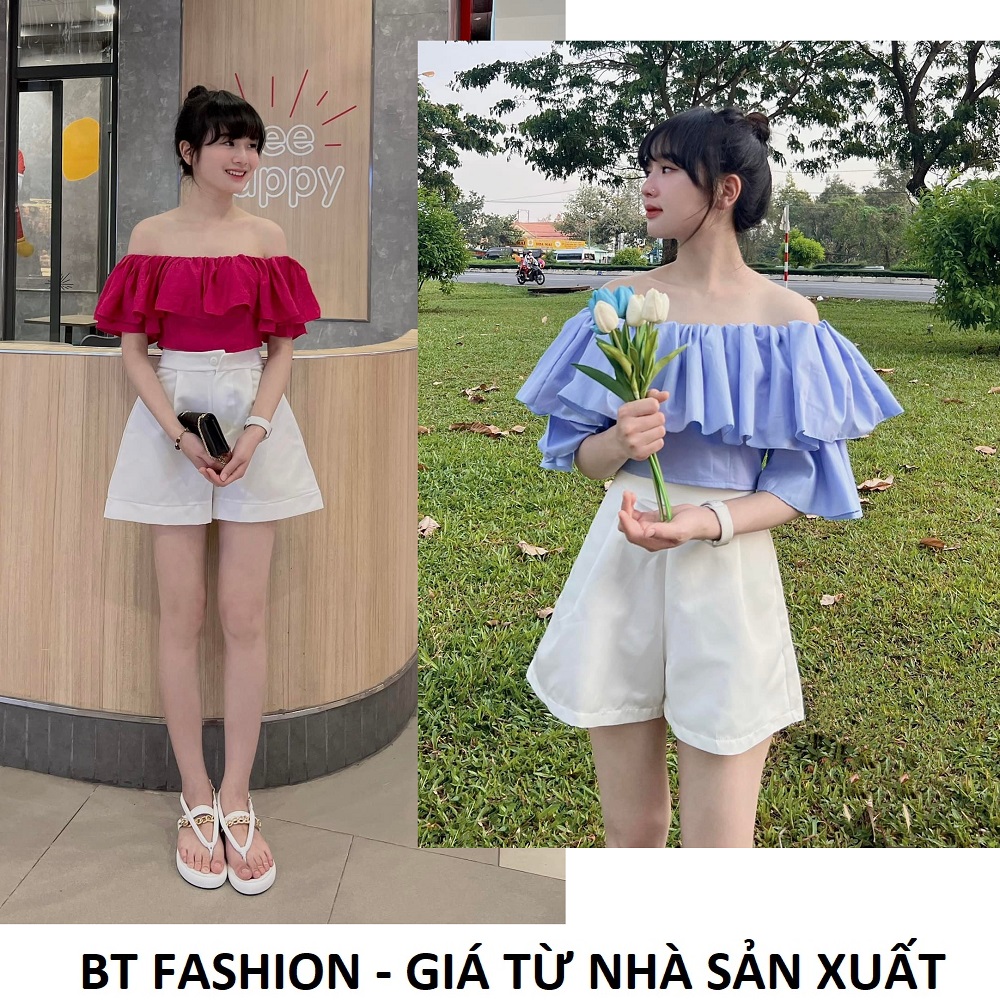 (Mua Lẻ hoặc Bộ) Áo Voan Trễ Vai Quần Sọt Dây Kéo Vải Tuyết Mưa - BT Fashion