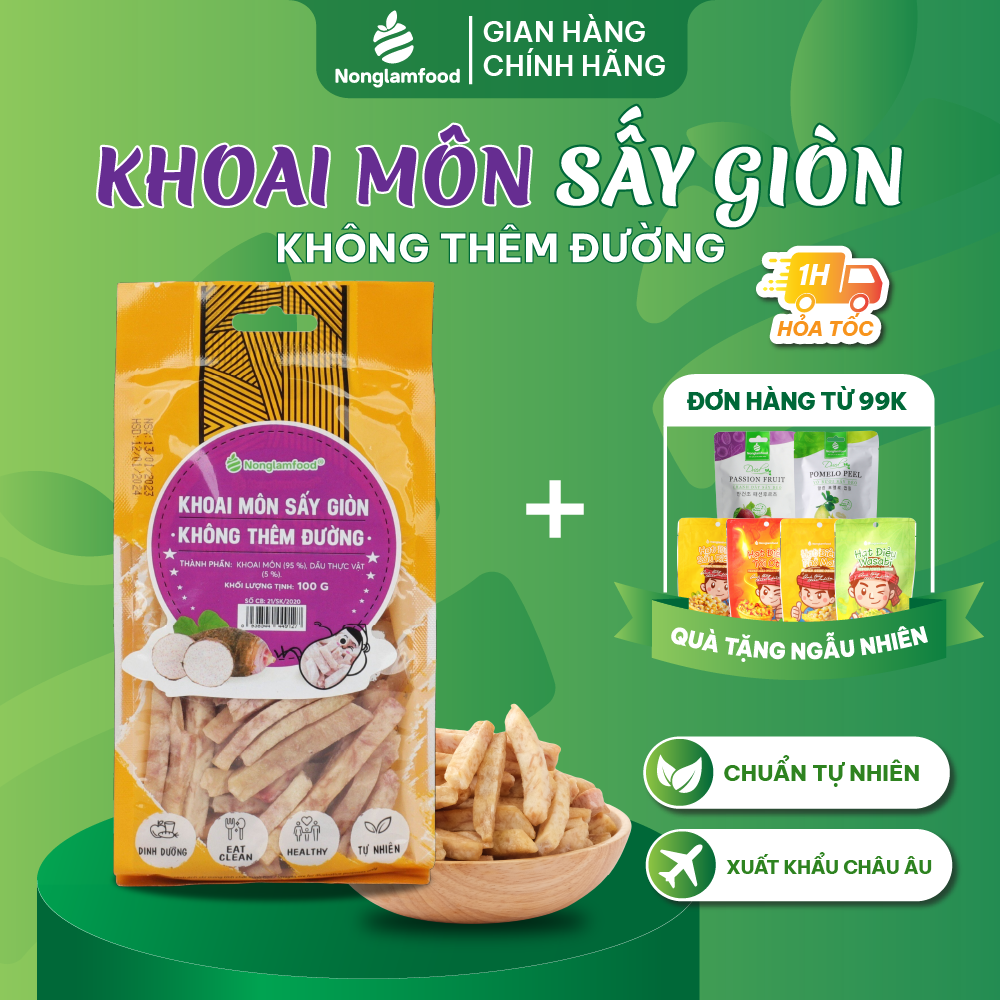 Khoai môn sấy giòn không thêm đường nonglamfood túi 100g | crispy dried taro | healthy snack