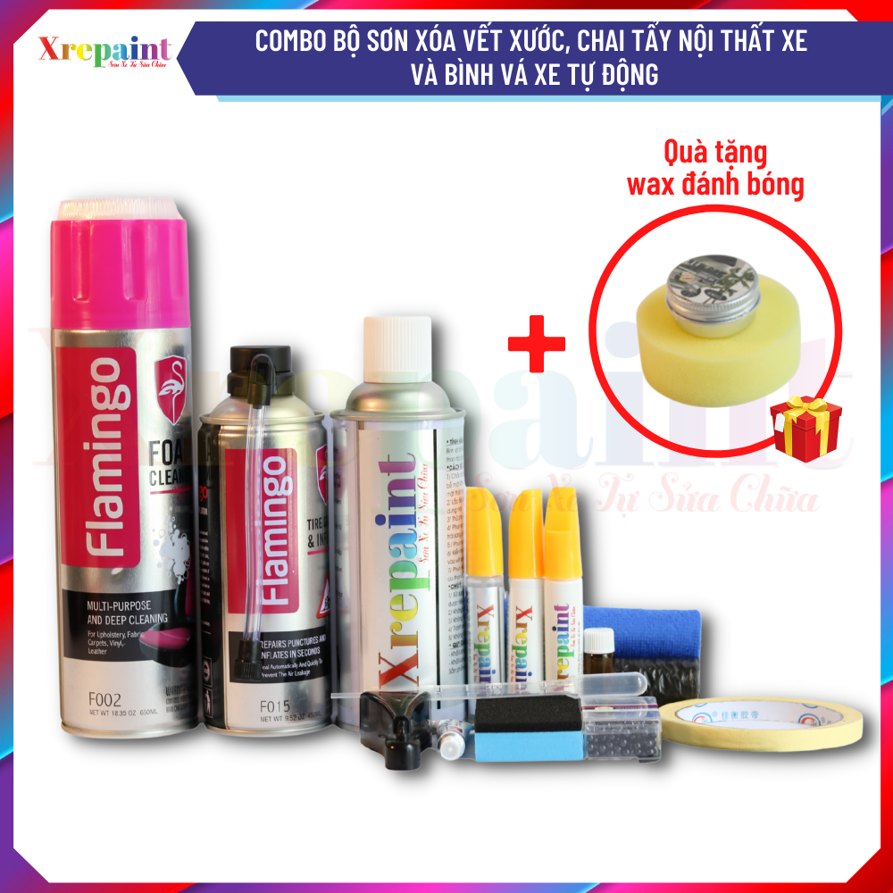 Combo 2 : sơn xóa vết xước xe ô tô xrepaint + bình xịt đa năng vệ sinh nội thất flamingo + bình vá lốp khẩn cấp flamingo