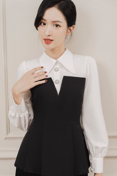 Áo sơ mi cổ đức bầu đáp cúp xẻ v peplum tiinstore ahd694