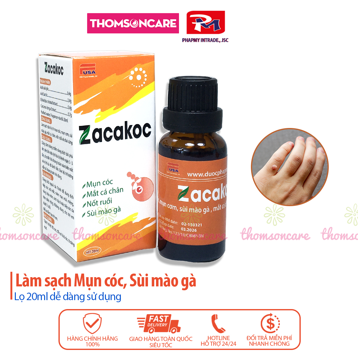 Dung dịch bôi mụn cóc, sùi mào gà, mụn cơm zacacoc các vết chai sừng, các mắt cá chân, nốt ruồi - Zacakoc lọ 20ml Thomsoncare