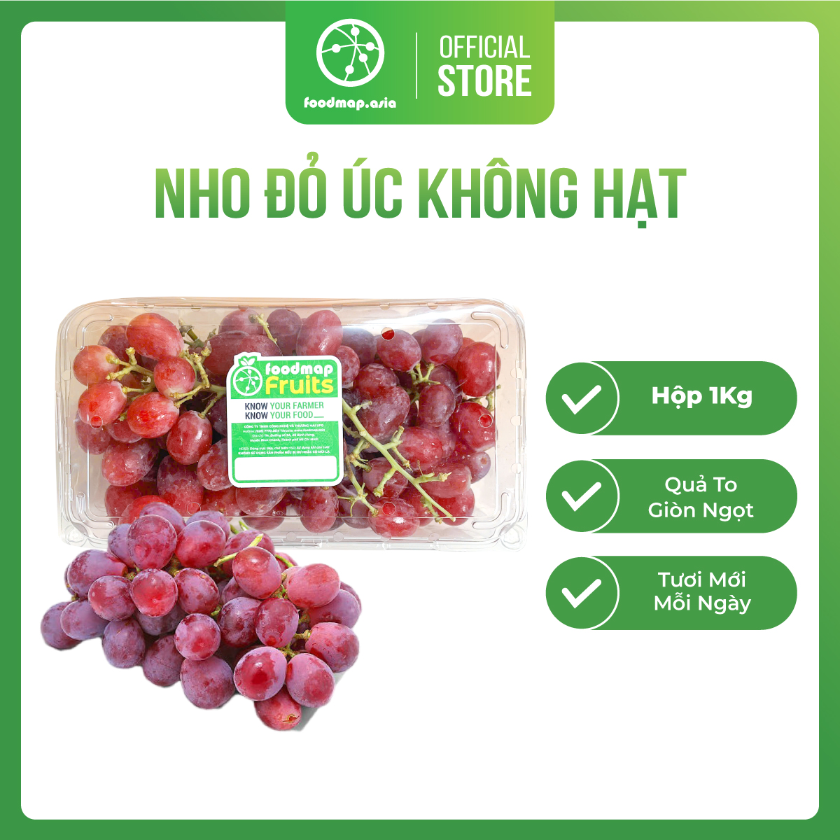Nho Đỏ Úc Không Hạt, Giòn Ngọt - Foodmap Fruits - Hộp 1Kg (Tỷ lệ rụng cuống <10%)