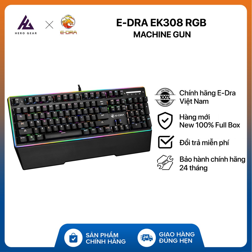 Bàn phím chơi game cơ quang E-DRA EK308 RGB Machine Gun - Có Kê tay - Blue switch - Led viền - Chống nước - BH 24 tháng