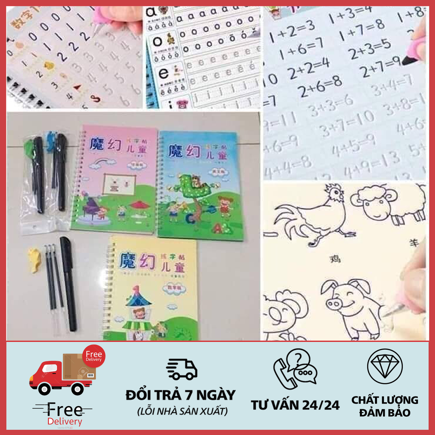 Bộ 3 Vở tập tô, tập viết cho bé - Sét 3 quyển sách tô màu luyện chữ kèm bút cho bé - Kèm 1 Bút và 5 Ngòi Và Đệm Tay Hình Cá Heo Cho Bé