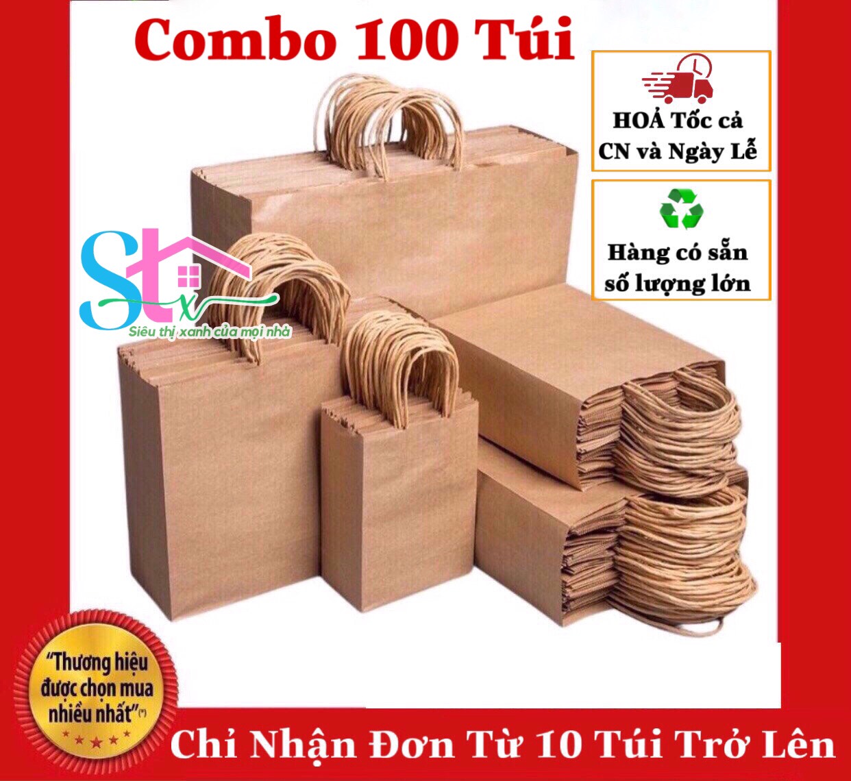 100 Túi giấy kraft có quai cao cấp nhật bản, Túi giấy xi măng bảo vệ môi trường, túi kraft đựng quà tặng, túi quà tặng
