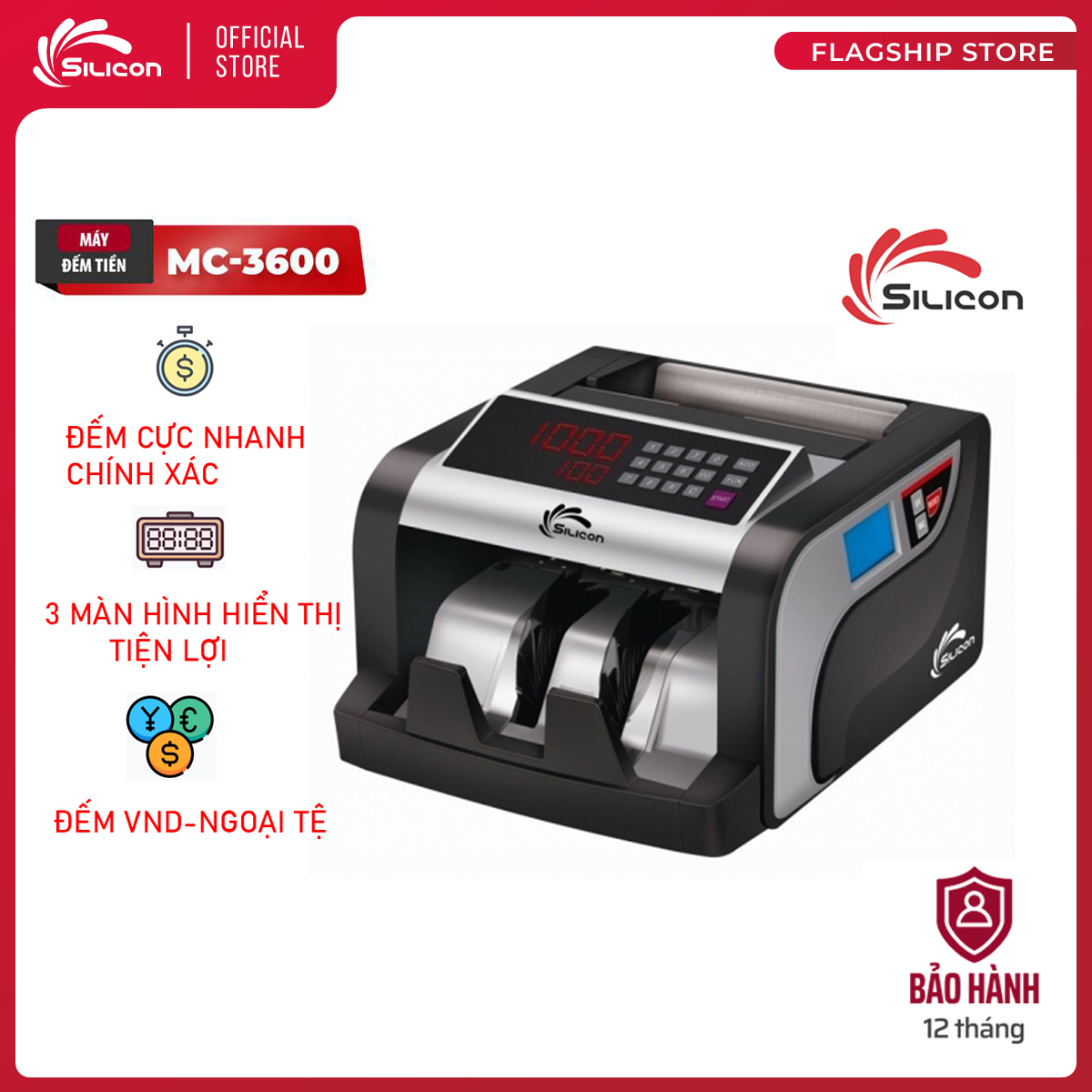 Máy đếm tiền chính hãng nhập khẩu silicon mc-3600, máy đếm tiền tự động đếm vnd,usd & euro, 2 màn hình - chính hãng bảo hành 1 năm