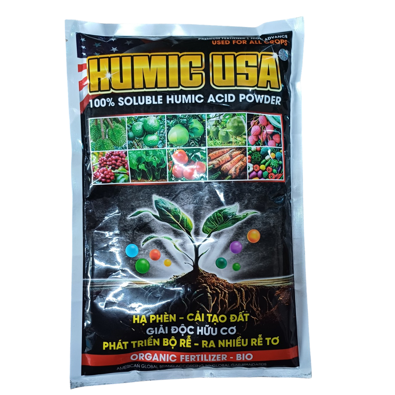 Vua kích rễ humic usa; phân bón kích rễ humic; phân bón humic giúp phát triển rễ mạnh, cải tạo đất, phục hồi cây trong điều kiện thời tiết bất lợi; phân bón humate - túi 1kg