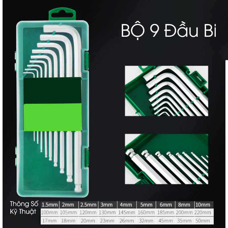 Bộ Lục Giác Bi 9 Cây - Hộp Xanh - Một đầu lục giác Một Đầu Bi - Thép CRV Mạ Crom Bóng Như Hình - Size 22 mm Bền Đep.