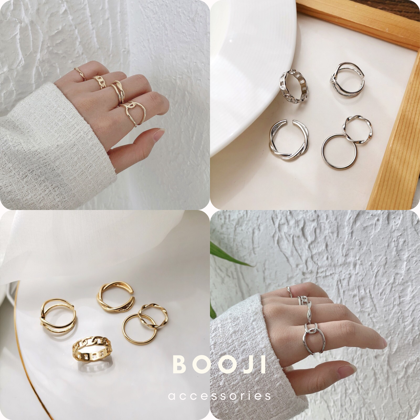 Set nhẫn hợp kim cao cấp 5 chiếc ns002 hai loại màu vàng/bạc booji accessories