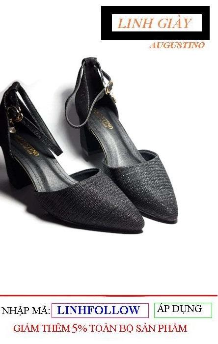 [SALE] Sandal Augustino Kim Sa Bít Mũi Hở Eo Đế Vuông 6 Phân (Đen)