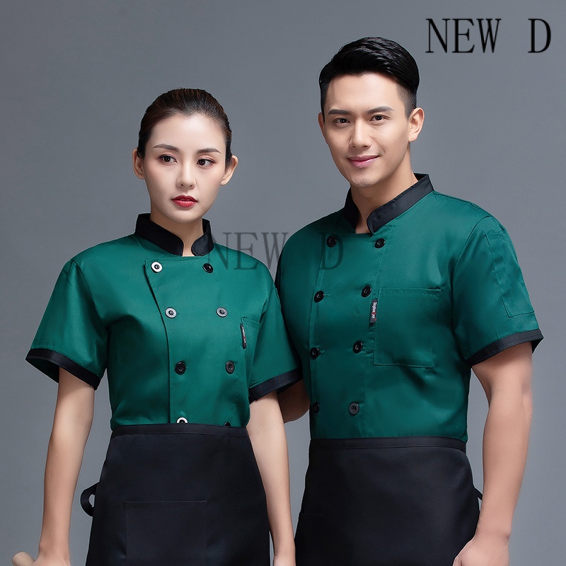 Bán sỉ đồng phục nhà hàng phi giới tính đồng phục đầu bếp mới hai hàng ngực thoáng khí tay ngắn dịch vụ làm bánh quần áo nấu ăn