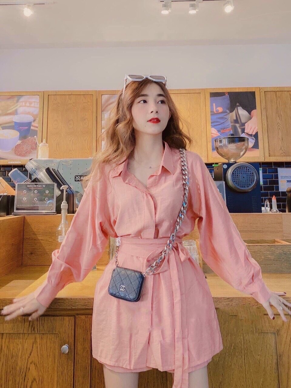 Sét bộ quần áo cổ sơ mi ,thắt eo tay dài