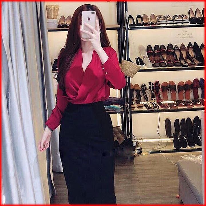 Áo sơ mi, áo kiểu nữ lụa satin cổ V rủ thời trang SHUNI001ASM