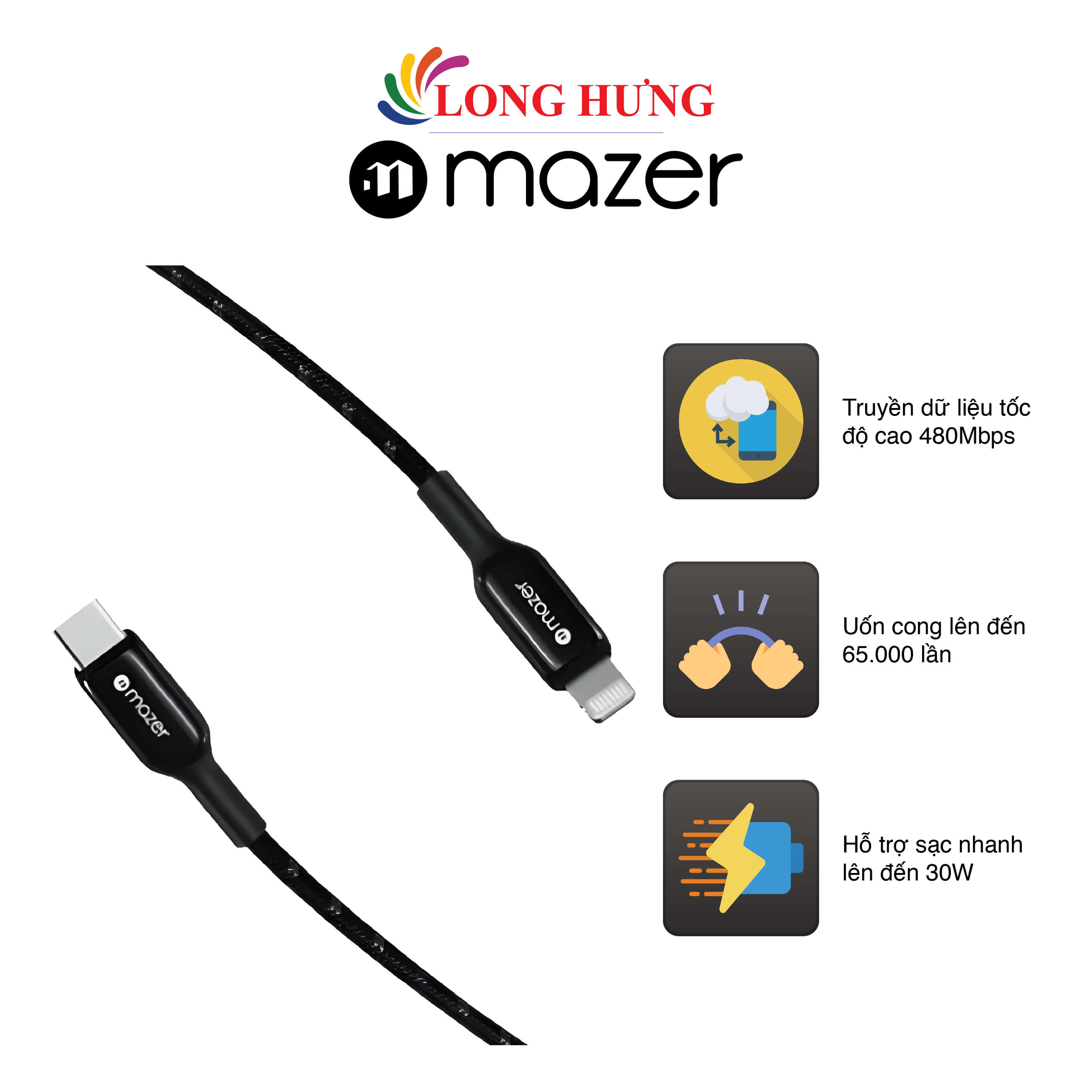 Cáp USB Type-C to Lightning Mazer MFI InfiniteLink Pro III Slimmer Yet