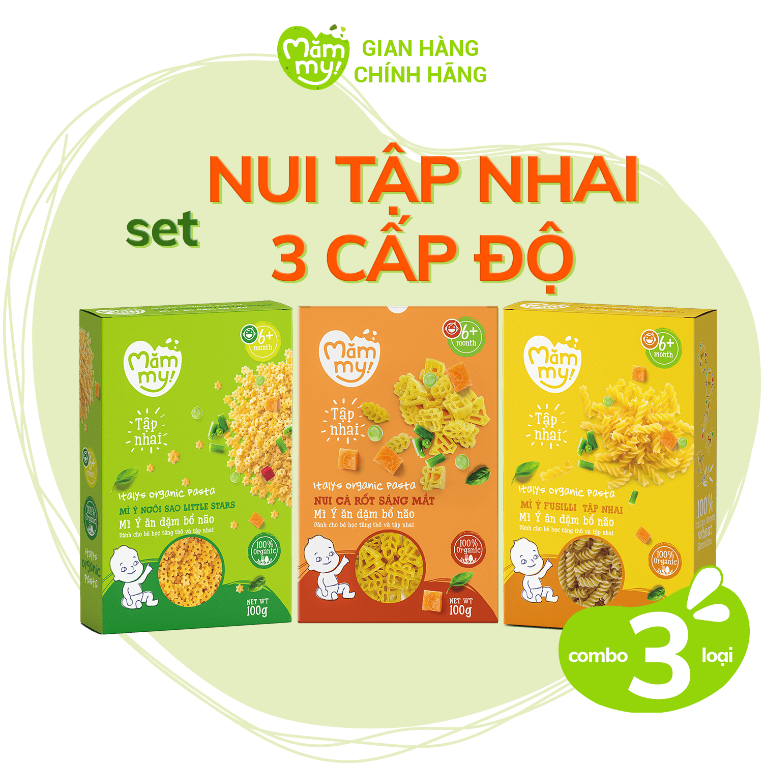 Set nui ăn dặm tập nhai Mămmy 3 cấp độ: Nui sao Litte Star, Nui cà rốt sáng mắt, Nui xoắn Fusilli hộp 100gr