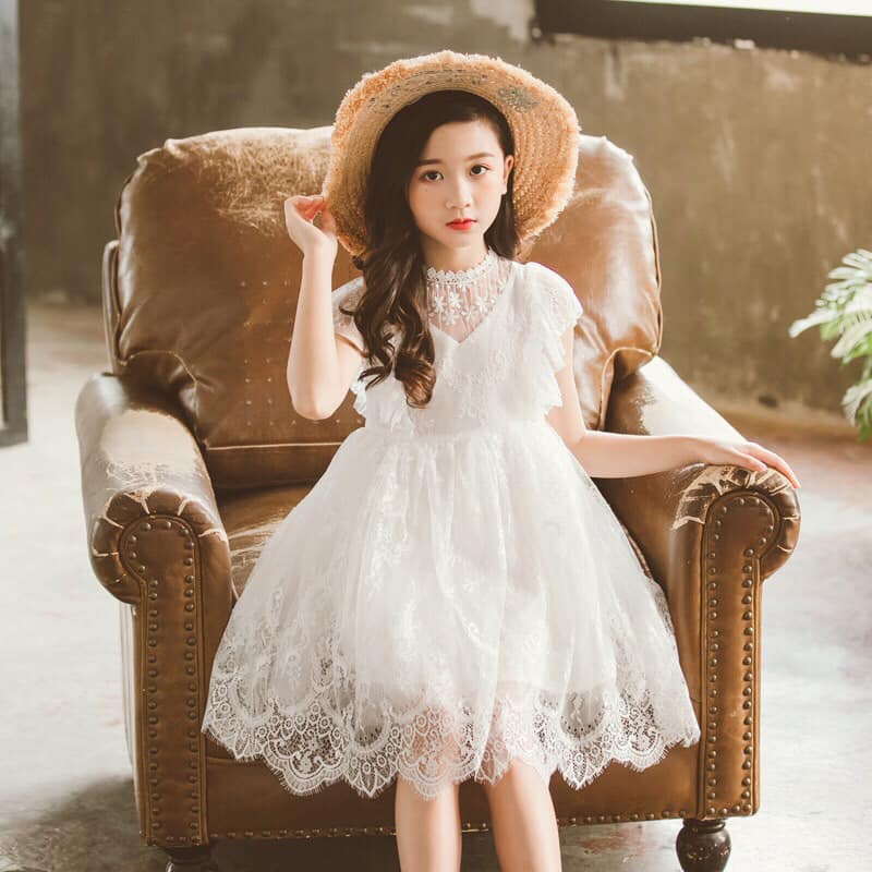 Váy g chúa ren trắng ngắn tay cho bé gái V129 - Đầm g chúa xinh cho bé gái