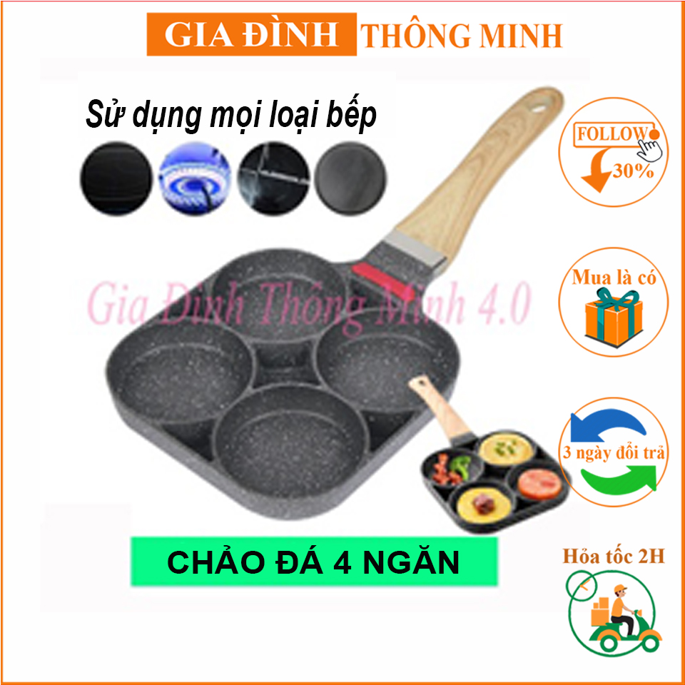 Chảo 4 Ngăn Chống Dính Cao Cấp , chiên trứng, làm bánh 4 trong 1, tay cầm bằng Cán Gỗ Sang Trọng