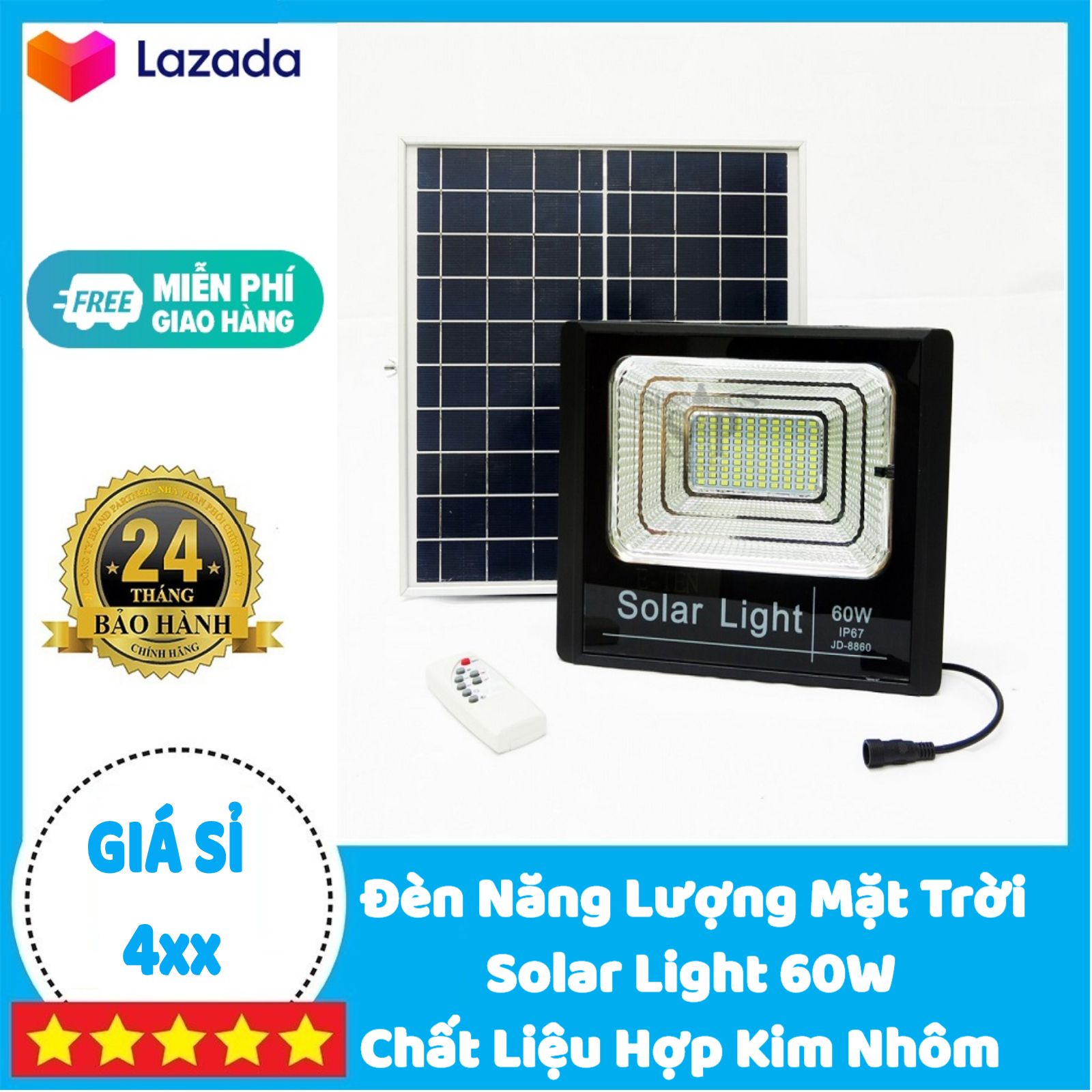 Đèn Năng Lượng Mặt Trời 60W - Hợp Kim Nhôm | BẢO HÀNH 2 NĂM | Sản phẩm sử dụng 100% năng lượng mặt trời, Cảm Biến Ánh Sáng Thông Minh