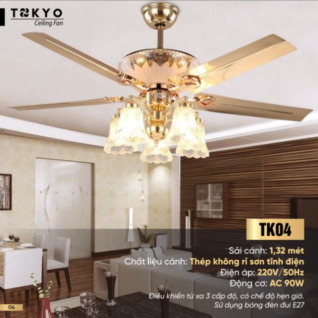 Quạt trần trang trí cao cấp mạ vàng 24K, 5 bóng đèn