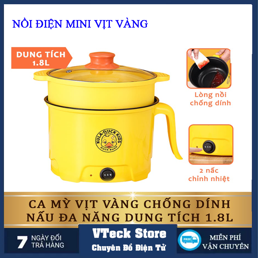 Nồi điện mini vịt vàng 2 tầng đa năng nấu cơm lẩu cháo chiên xào dung tích 1,8l- nồi lẩu mini, ca nấu mì bảo hành 12t
