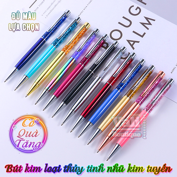 Bút bi xoay vỏ kim loại thủy tinh nhũ kim tuyến - Bút bi ký kim loại sơn tĩnh điện thủy tinh nhũ kim tuyến - nhiều màu (tặng kèm hộp + ruột mực thay thế).