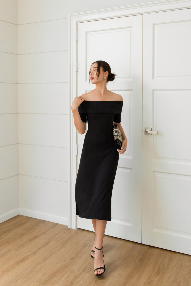 Đầm midi thun trễ vai đen - yv le & co