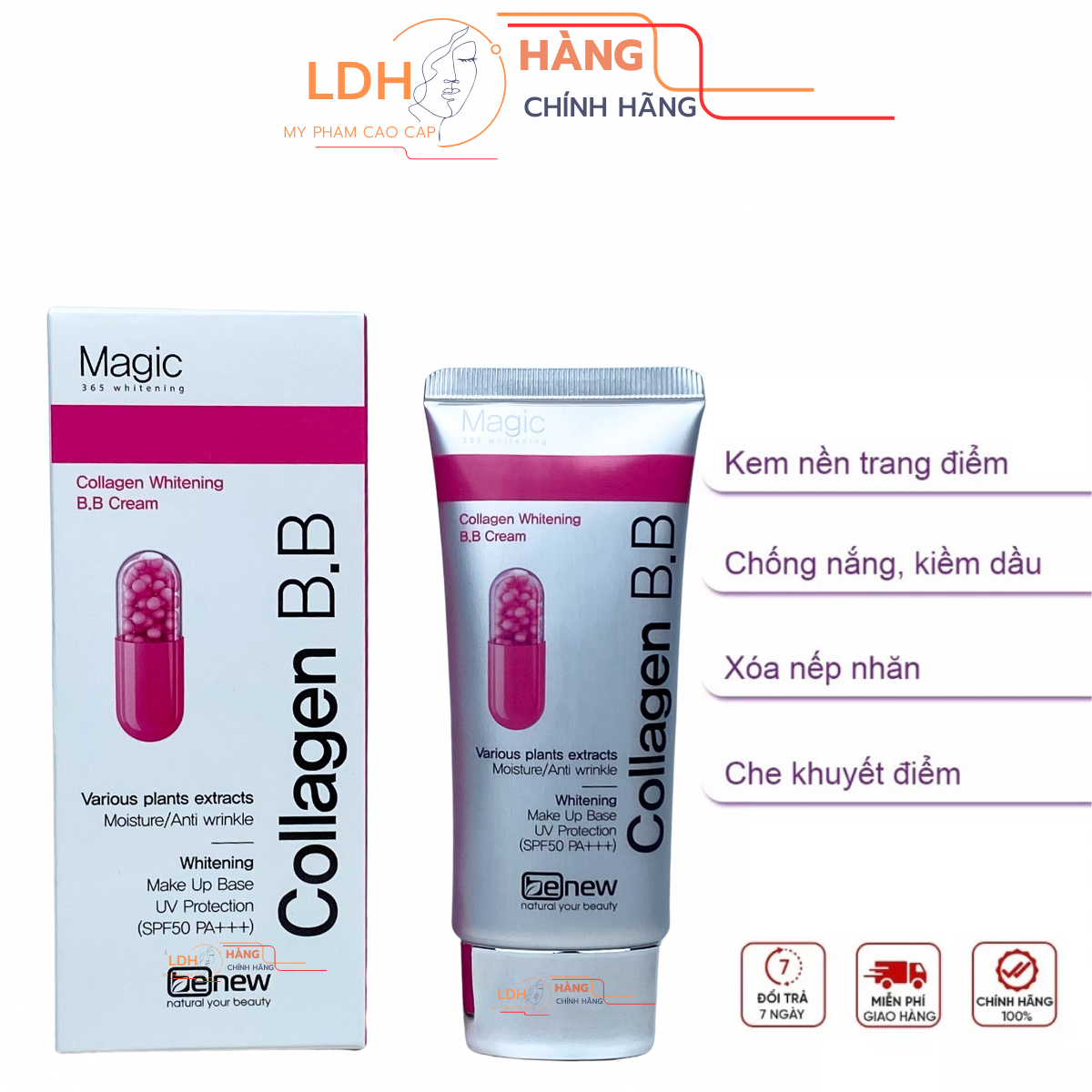 Kem trang điểm BB Ma thuật Collagen kiềm dầu, chống lão hóa, lớp nền siêu trắng - Benew BB Collagen Whitening SPF 50PA +