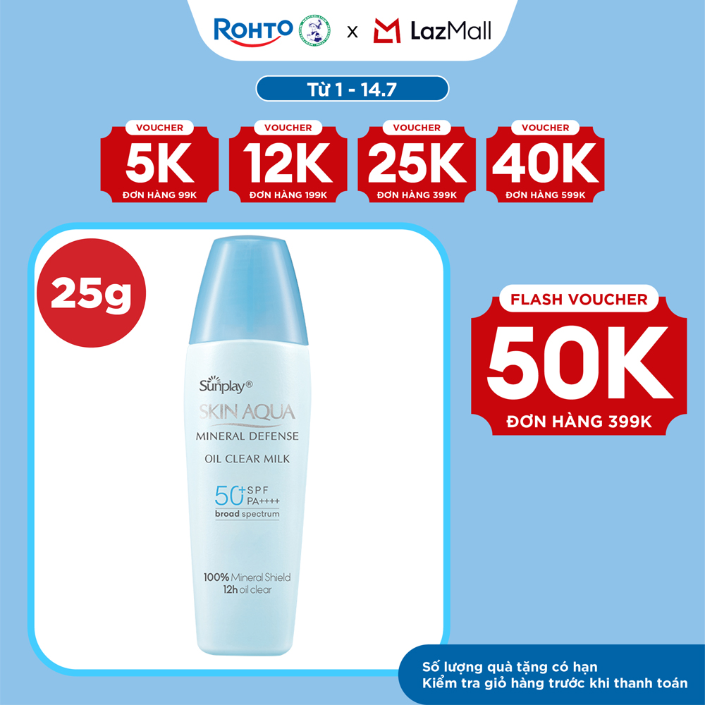 Kem chống nắng vật lý Skin Aqua kiềm dầu, dạng sữa dùng hàng ngày Sunplay Skin Aqua Mineral Defense Oil Clear Milk SPF50+ PA++++ 25g