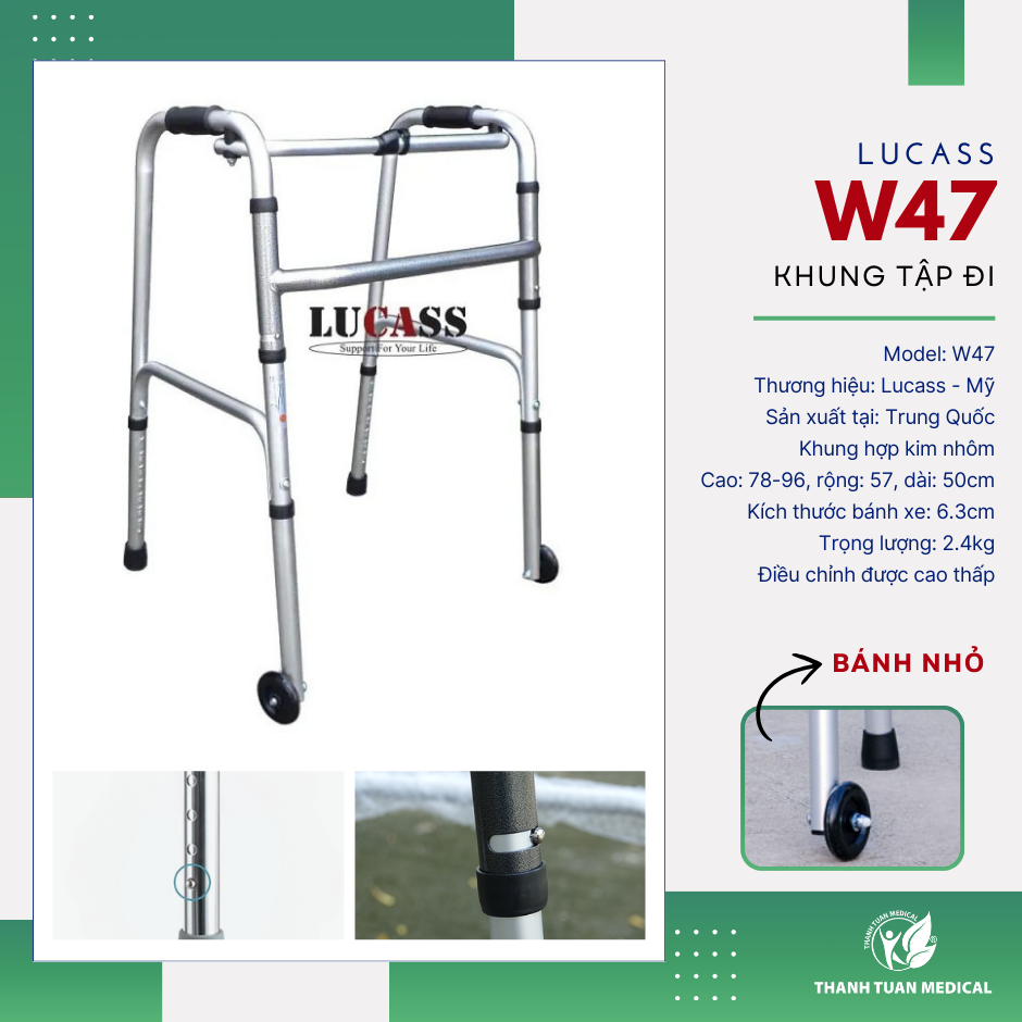 SẴN HÀNG: Khung tập đi có bánh xe nhỏ Lucass W47 - Hỗ trợ người già, người khuyết tật di chuyển dễ dàng hơn, Bh 1 năm