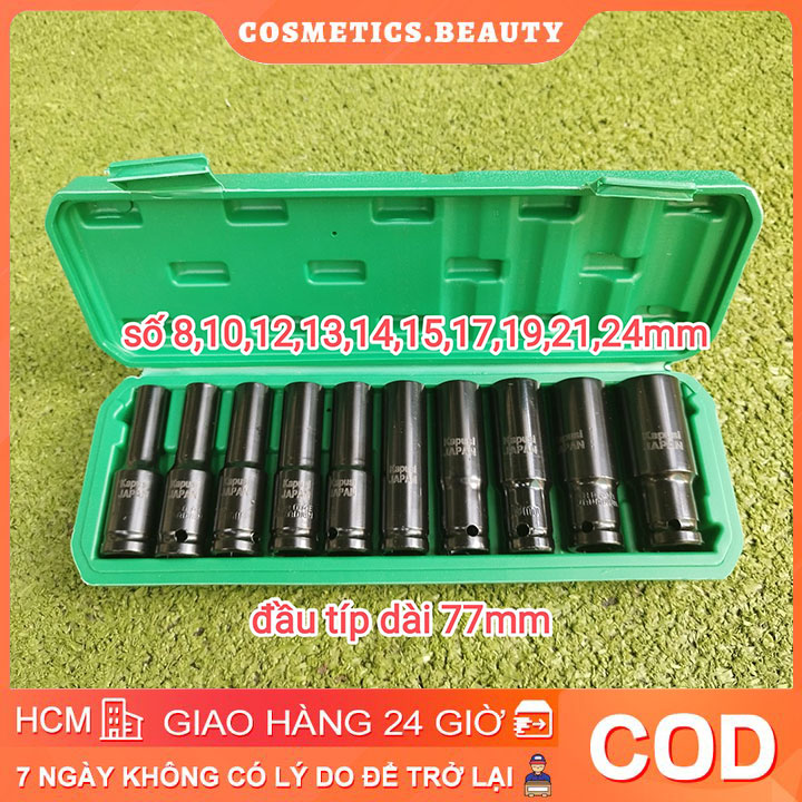   Giao hàng 24H Bộ 10 đầu khẩu lốp xe đầu túyt Cao Cấp dùng cho máy siết bulong 1 2 -8-24mm Bộ chặn T&G chặn bi dài chặn đen bộ cờ lê điện 1 2" 4 hun số 8-10-12-13-14-16-17-19-21-24 kèm hộp  xe hơiVặn Bulong 