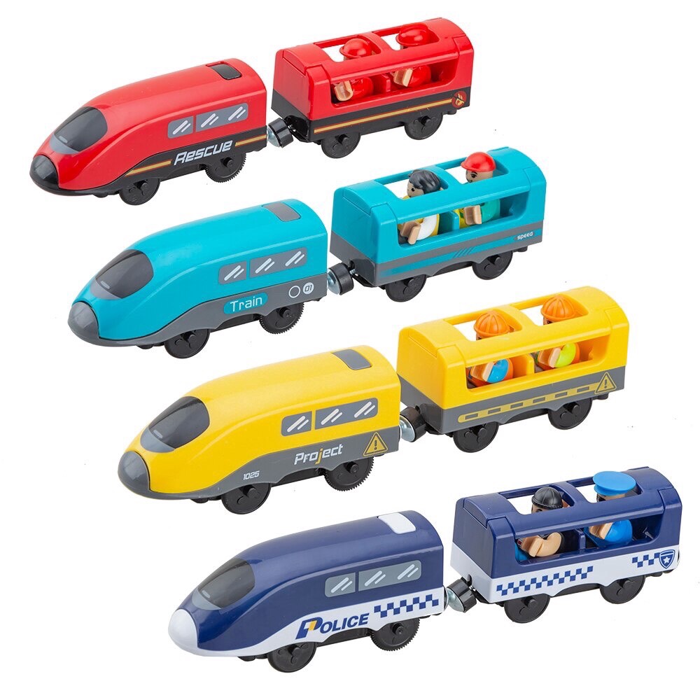 Bộ đồ chơi tàu điện (xe không kèm theo đường ray), xe điện cảnh sát, xe điện cứu hỏa, tàu điện siêu siêu tốc, Chơi được với đường ray xe lửa gỗ