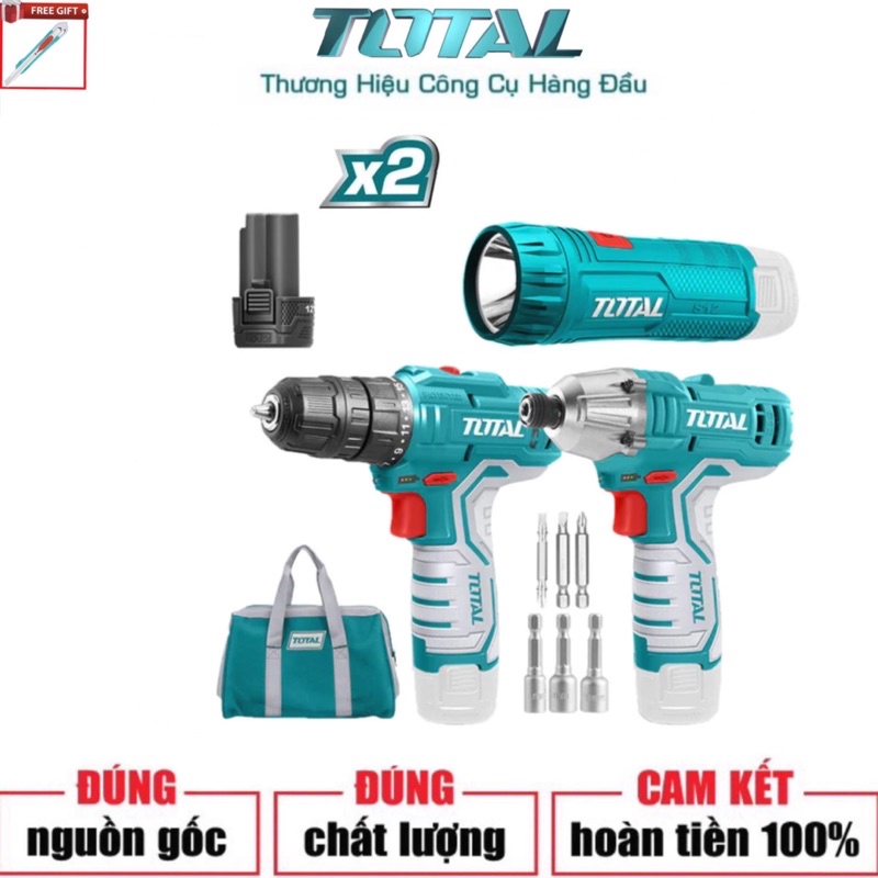 TOTAL Bộ combo máy siết vít pin, khoan pin và đèn pin 12V TKLI1203