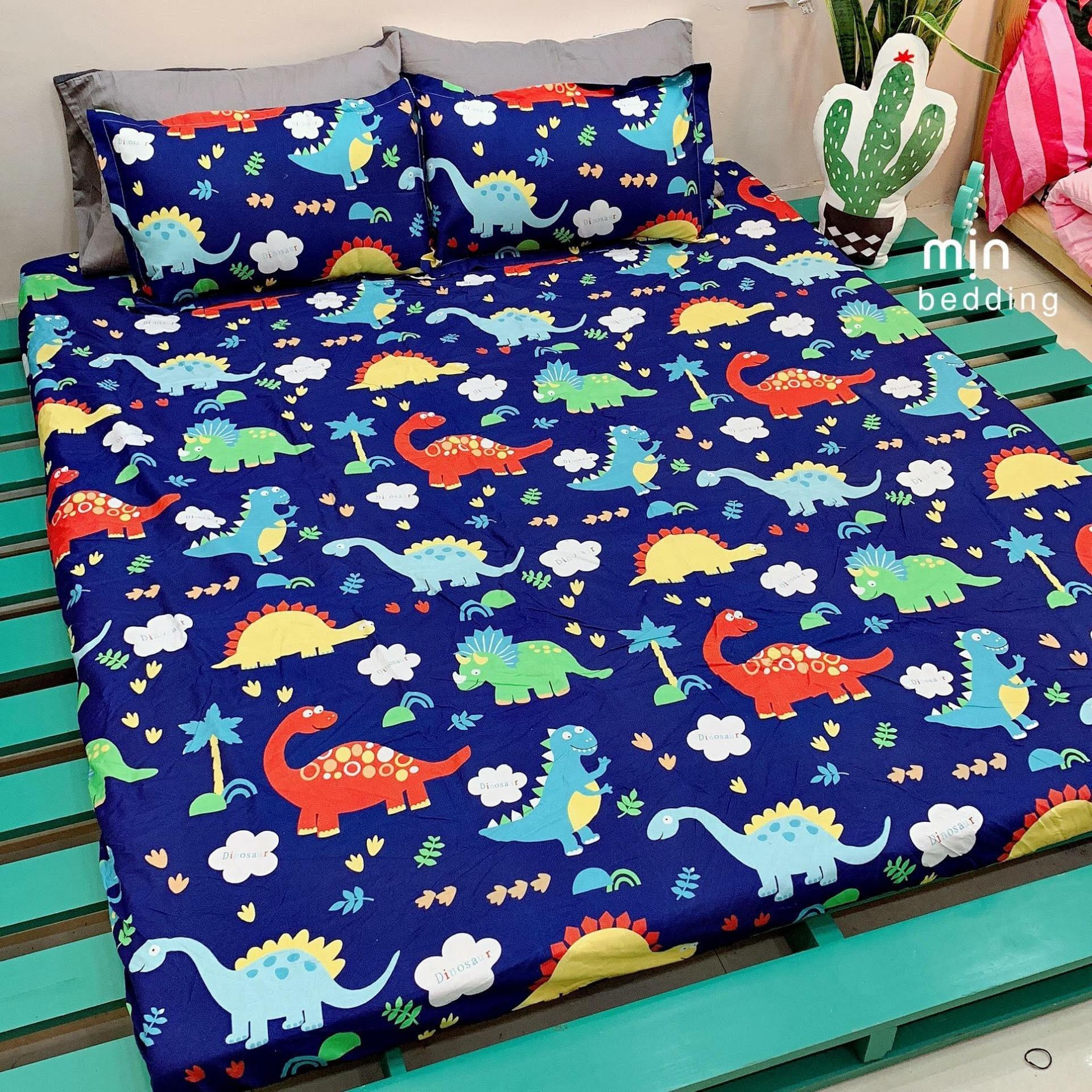 (FreeShip MAX) Bộ Ga Gối Combo 3 Món - Khủng Long ( 1 Drap + 2 Vỏ Gối Nằm ) Không Phai , Không Xù