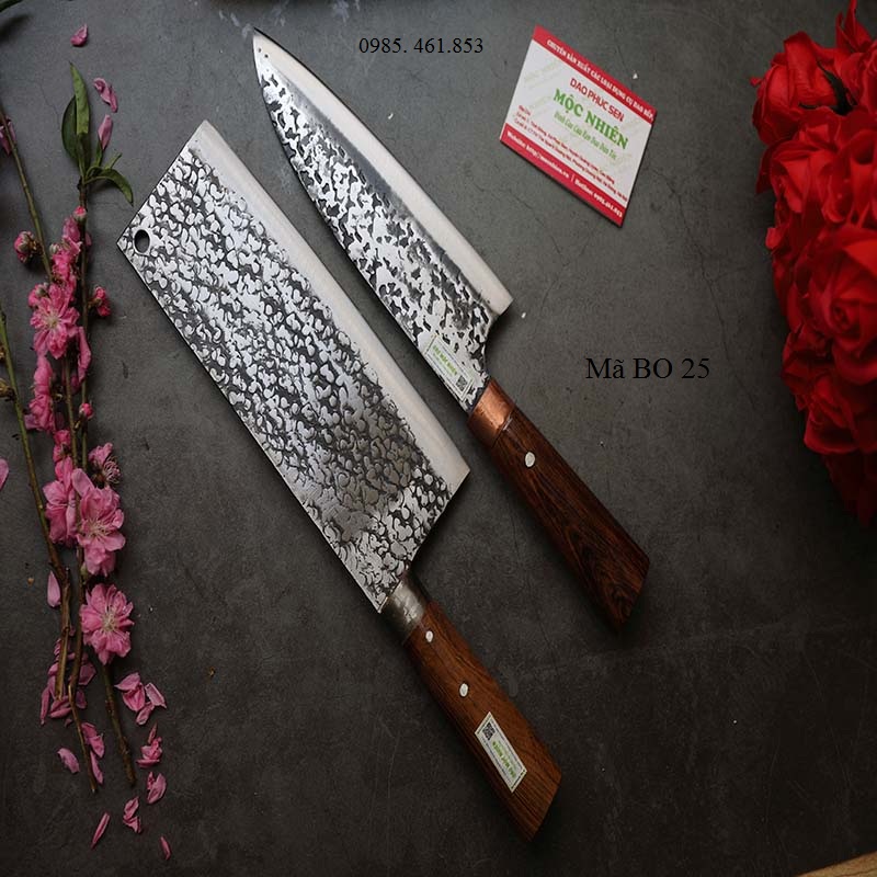 Bộ 2 dao chặt+lọc siêu sắc chống dính rèn từ nhíp ô tô hiệu Mộc Nhiên Phúc Sen mã BO25