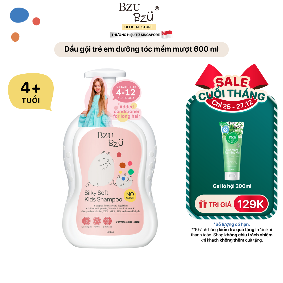 Dầu Gội Trẻ Em BZU BZU Silky & Soft Shampoo Dưỡng Tóc Mềm Mượt, An Toàn Lành Tính Chai 600ml