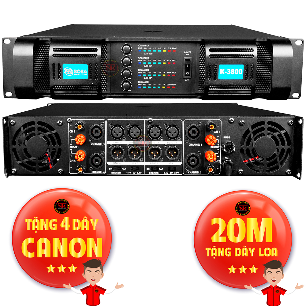 Main cục đẩy công suất 4 kênh Bosa K-3800 bảo hành 3 năm tặng 4 dây canon tặng 20m dây loa