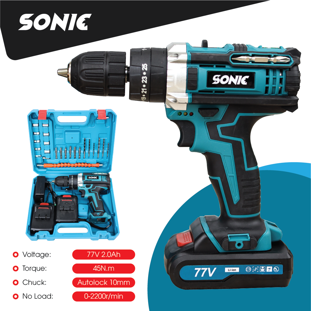 [Tặng bộ 29 mũi khoan] Máy khoan pin Sonic 77V XANH có búa KHÔNG CHỔI THAN, 3 chức năng, đầu auto lock - Trọn bộ 2 pin chuẩn 10 CELL
