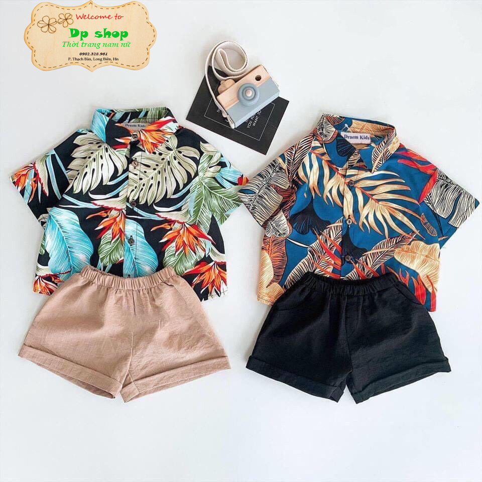Bộ đồ đi biển hoạ tiết hoa lá cực đẹp cho bé - bộ sơ mi cho bé mặc đi học, đi chơi